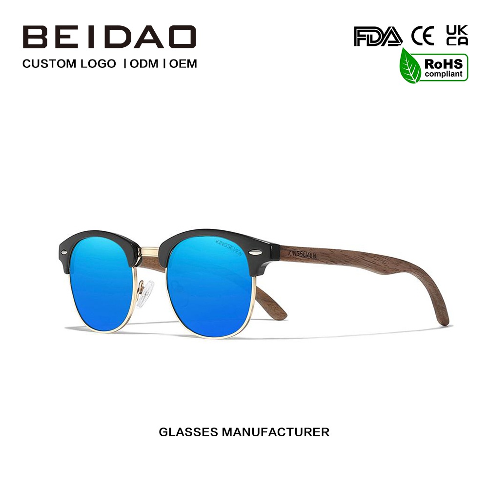 အပြာရောင် Polarized Walnut သစ်သားနေကာမျက်မှန်