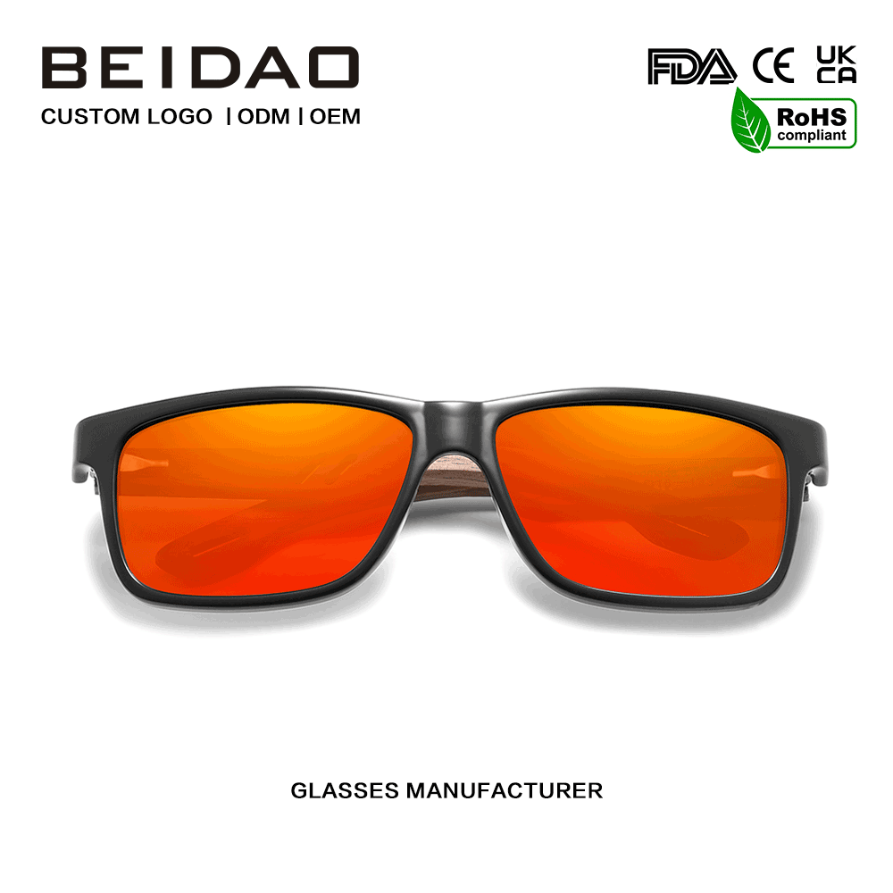 ဒီဇိုင်နာ Walnut Frame အနီရောင် Polarized နေကာမျက်မှန် စိတ်ကြိုက်လိုဂို