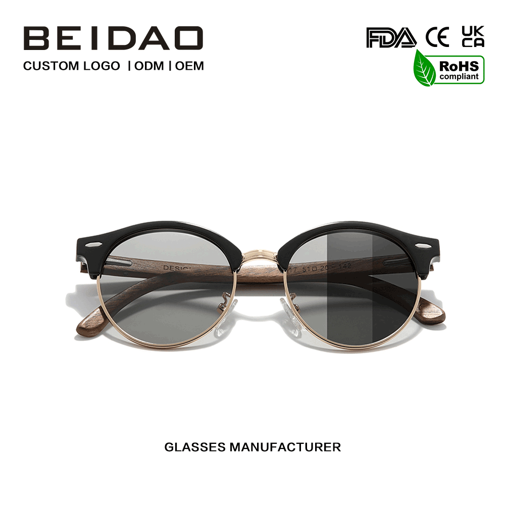 ခေတ်မီ Walnut Wooden Photochromic မှန်ဘီလူး နေကာမျက်မှန်များ မောင်းနှင်ခြင်း။